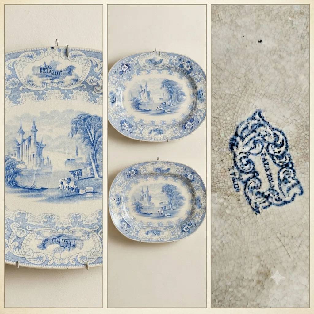 Coppia di grandi piatti da portata ovali antichi "Palazzolo" - Stile Blue and White